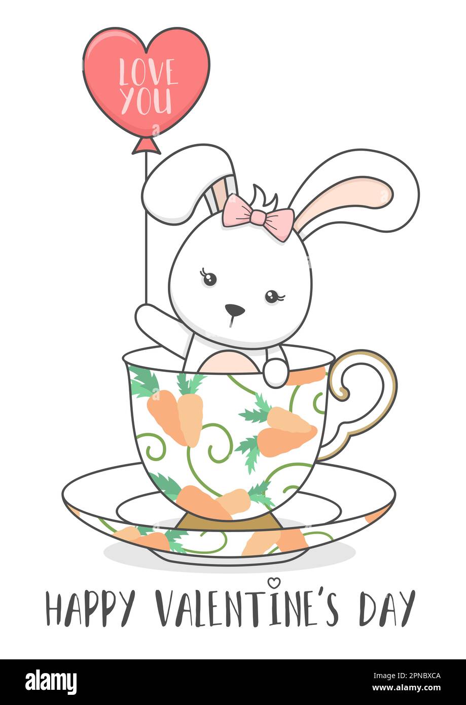 Süßes Hasenmädchen mit Herzballon am Valentinstag Stock Vektor