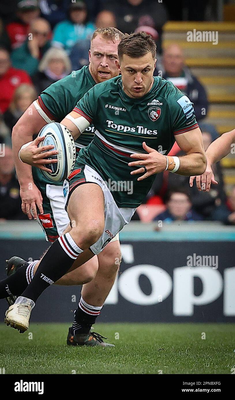 16.04.2023 Leicester, England. Rugby-Union. Tigers Handr Pollard macht eine Pause beim Gallagher Premiership-Spiel zwischen Leicester Tigers und Exeter Chiefs im Mattioli Woods Welford Road Stadium, Leicester. © Phil Hutchinson Stockfoto