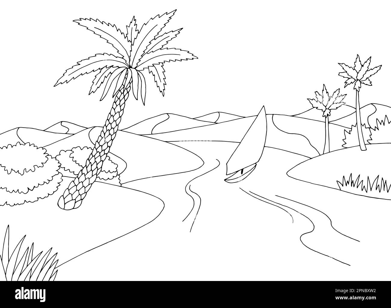 Wüste Fluss Grafik schwarz weiß Landschaft Skizze Illustration Vektor Stock Vektor