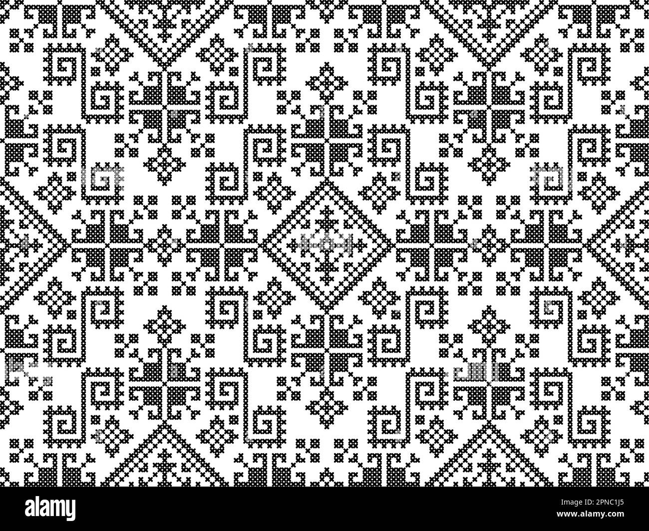 Zmijanjski vez Stickerei Stil Vektor nahtlose Muster - Textil-oder Stoffdruck ist durch Kreuzstich Volkskunst Designs aus Bosnien und Herzegowina Stockfoto