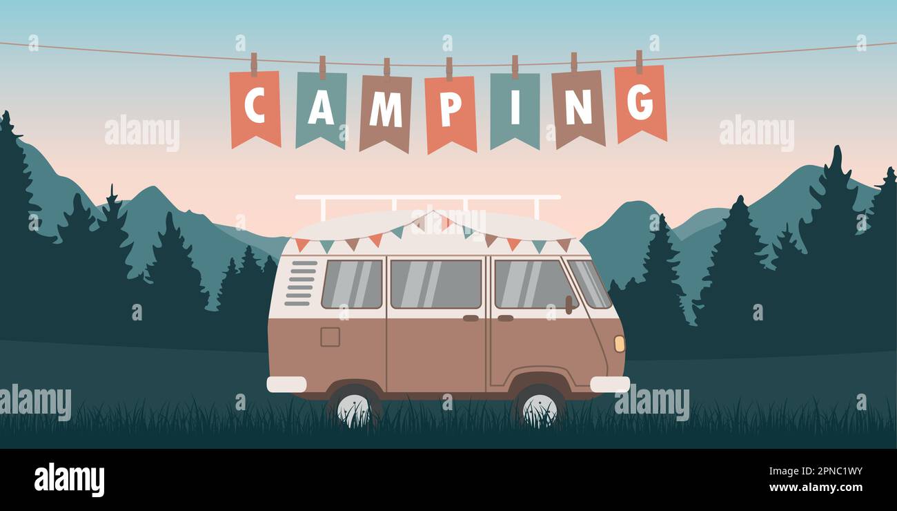Camping-Van auf grüner Wiese mit Blick auf die Berge Camping-Abenteuer Stock Vektor