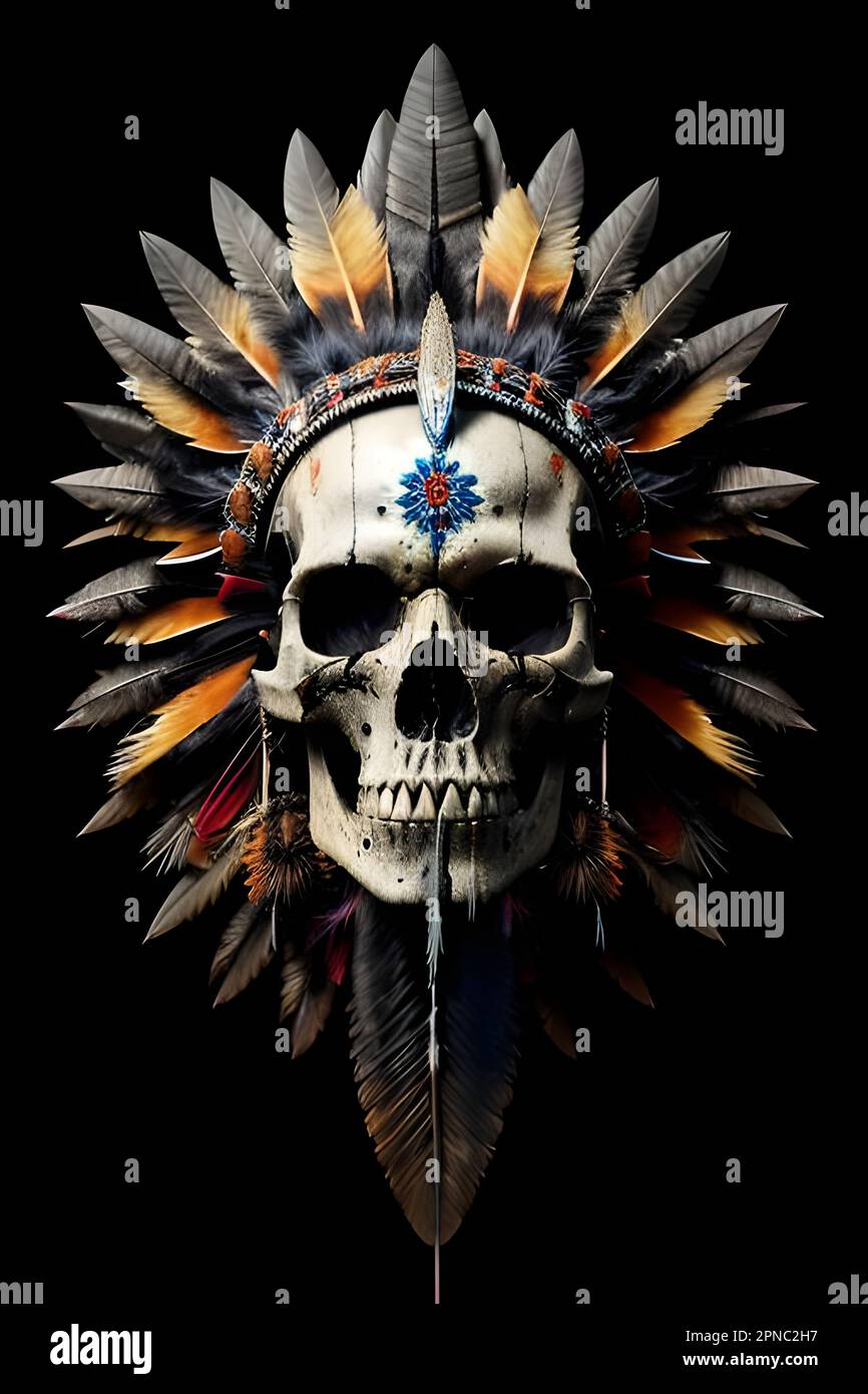 Ein weißer menschlicher Schädel mit bunten Federn und einem Kopfschmuck im Mohawk-Stil aus Federn Stockfoto