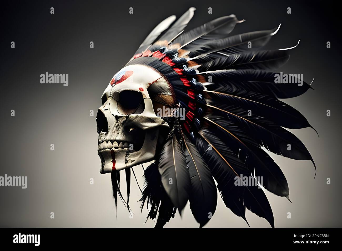 Ein weißer Schädel mit traditionellem Federkopfschmuck der amerikanischen Ureinwohner vor schwarzem Hintergrund Stockfoto