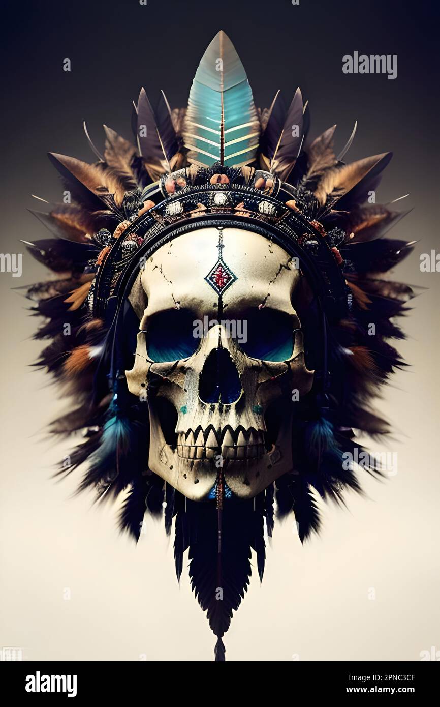 Ein menschlicher Schädel, dekoriert mit einem Kopfschmuck der amerikanischen Ureinwohner und Federn, die auf der Stirn deutlich zu sehen waren Stockfoto