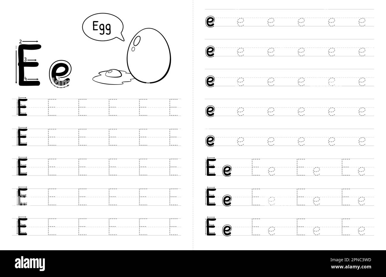 Innenausstattung mit ABC-Buchstaben und Pünktchenbuch für Kinder. Kinder Schreiben Arbeitsblatt Mit Bild. Premium Vektorelemente Buchstabe E. Stock Vektor