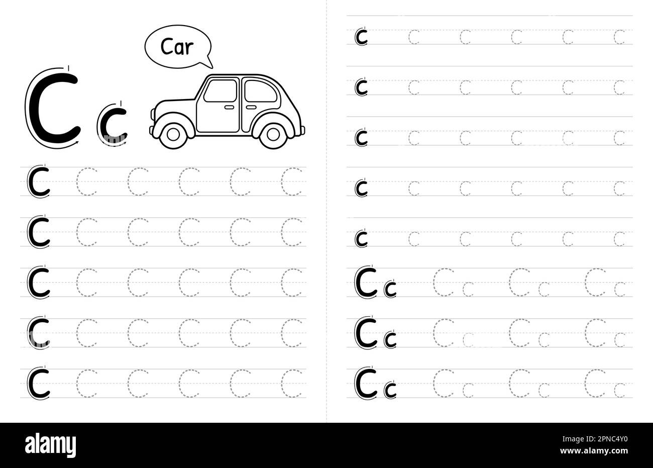 ABC-Buch mit Buchstaben für Kinder. Kinder Schreiben Arbeitsblatt Mit Bild. Premium Vector Elements Buchstabe C. Stock Vektor