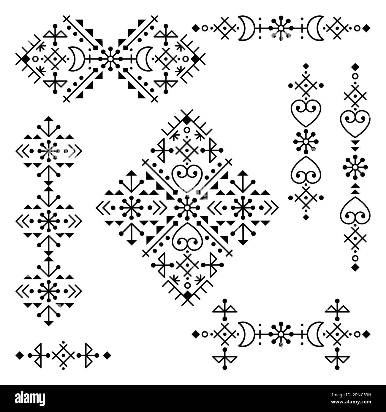 Nordisch-isländischer Stil geometrische Tribal-Linien Art Vector Schwarz-Weiß-Designkollektion, monochromes Muster, inspiriert von Wikingerrunen Stock Vektor