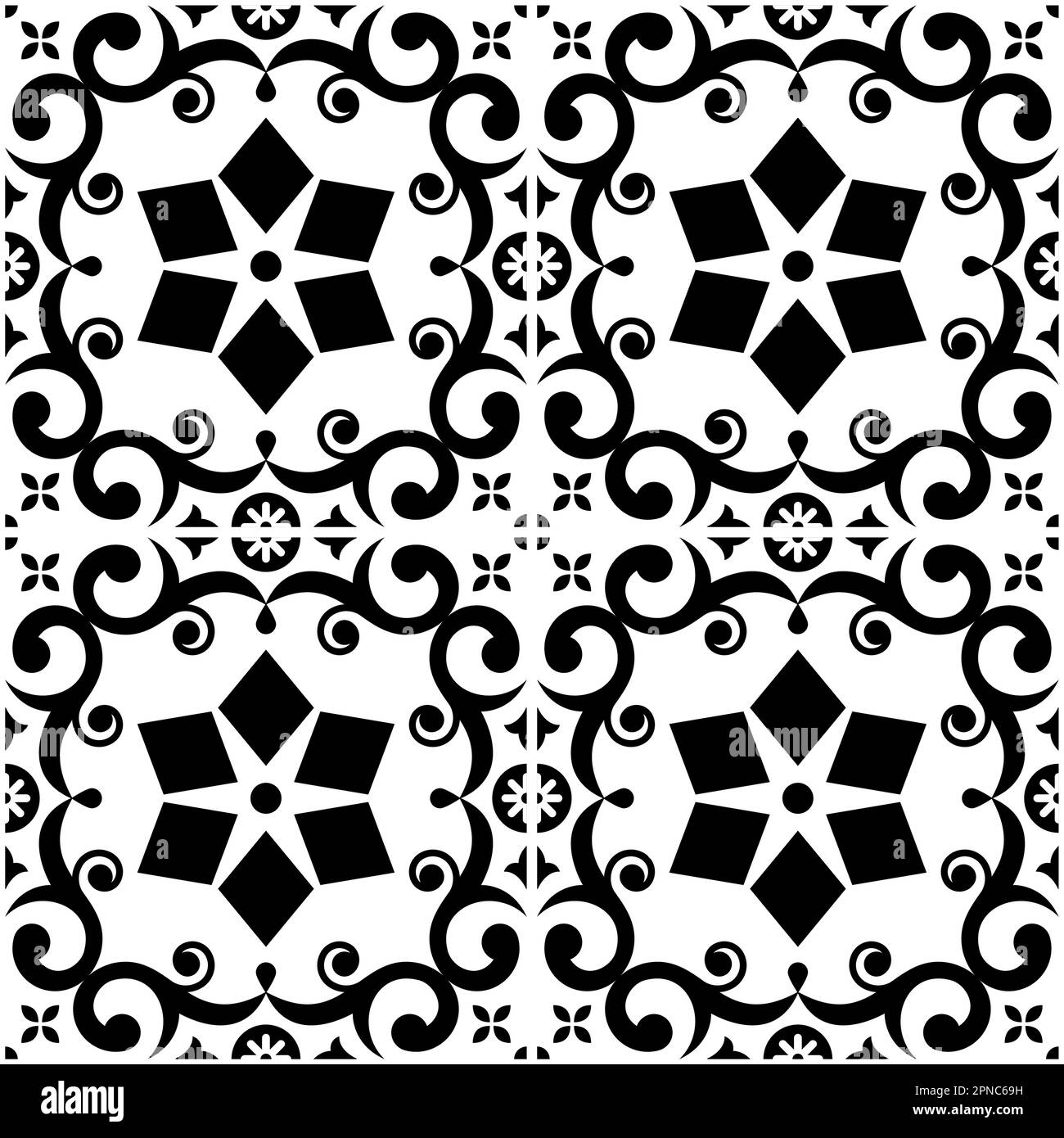 Portugiesische Azulejo Fliesen nahtlose Vektor-Muster, Retro-Design mit Blumen, Wirbel und geometrischen Formen Stock Vektor
