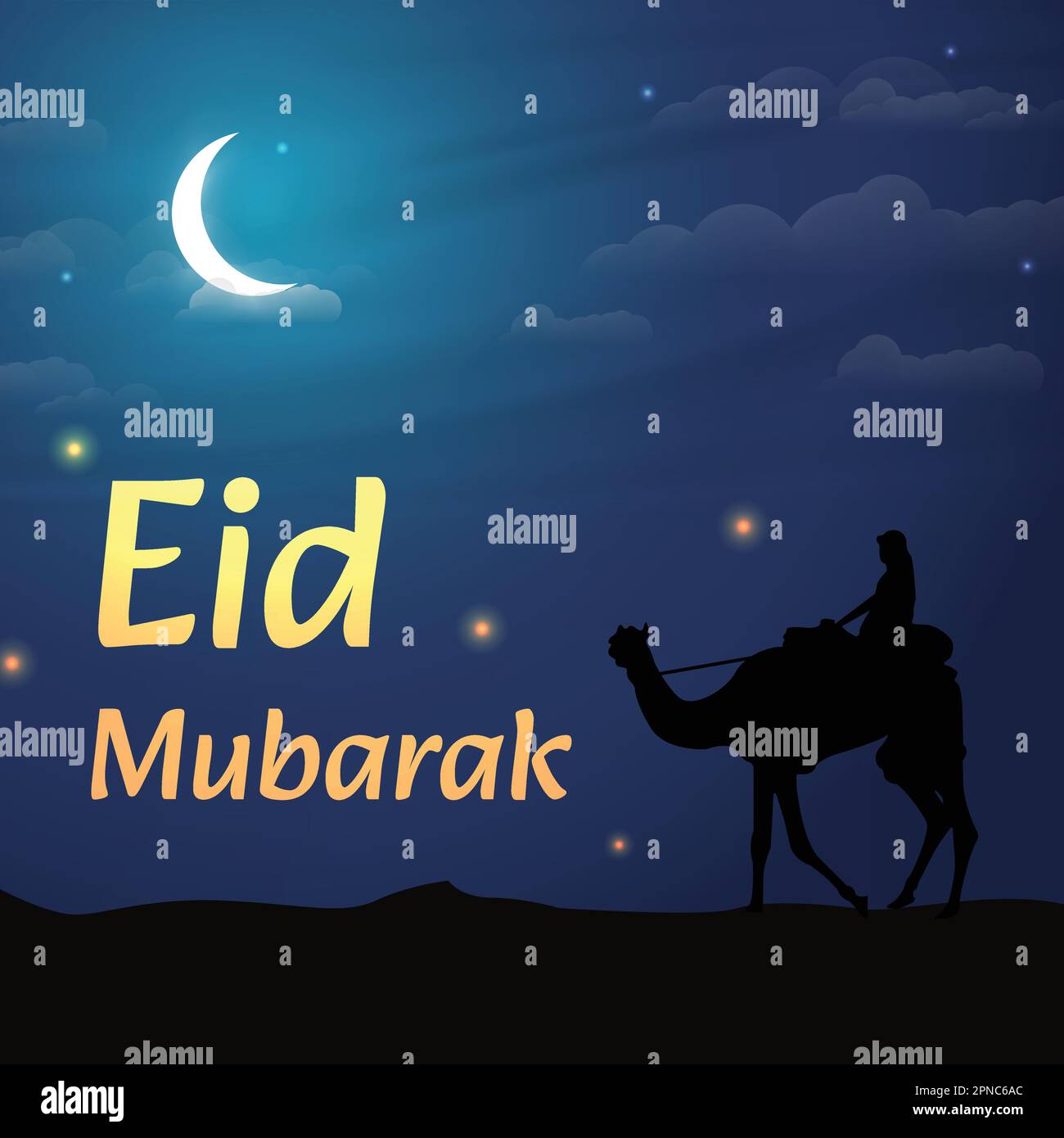Eid Mubarak Vektordarstellung mit einem Kamelreiter in der Wüstennacht mit glühenden Glühwürmchen um sich herum. Perfektes Design für islamische Konzepte, Posts, Karten Stock Vektor