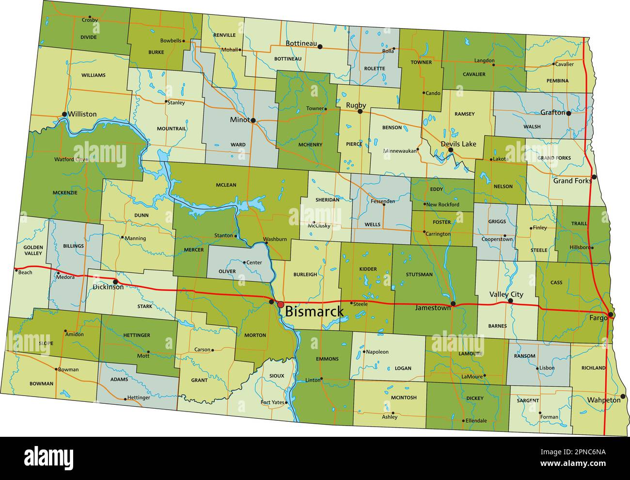 Sehr detaillierte, bearbeitbare politische Karte mit getrennten Schichten. North Dakota. Stock Vektor