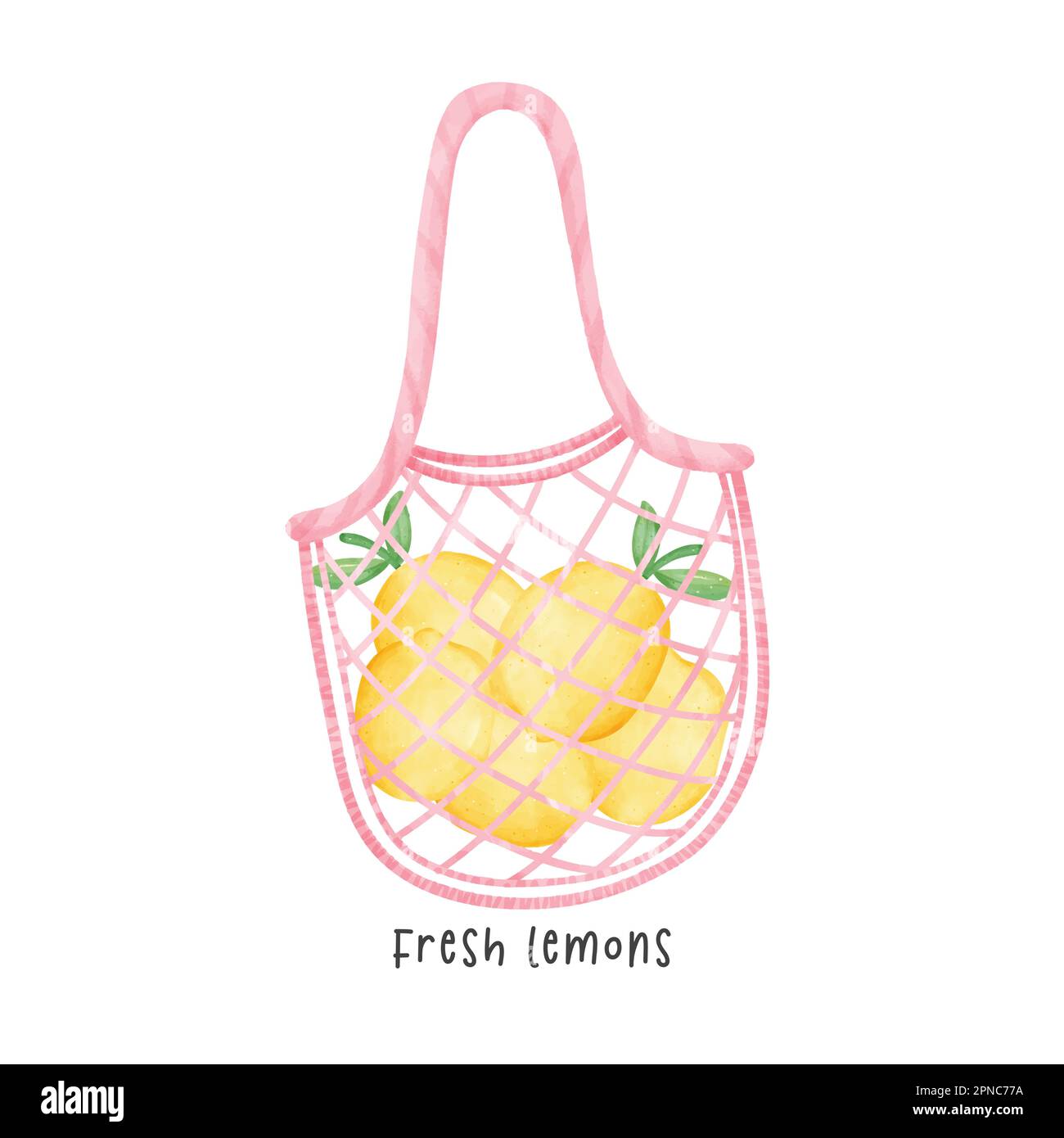 Eine umweltfreundliche Einkaufstasche voller fesh-Zitronen, wasserfarbenes Handzeichen. Stock Vektor