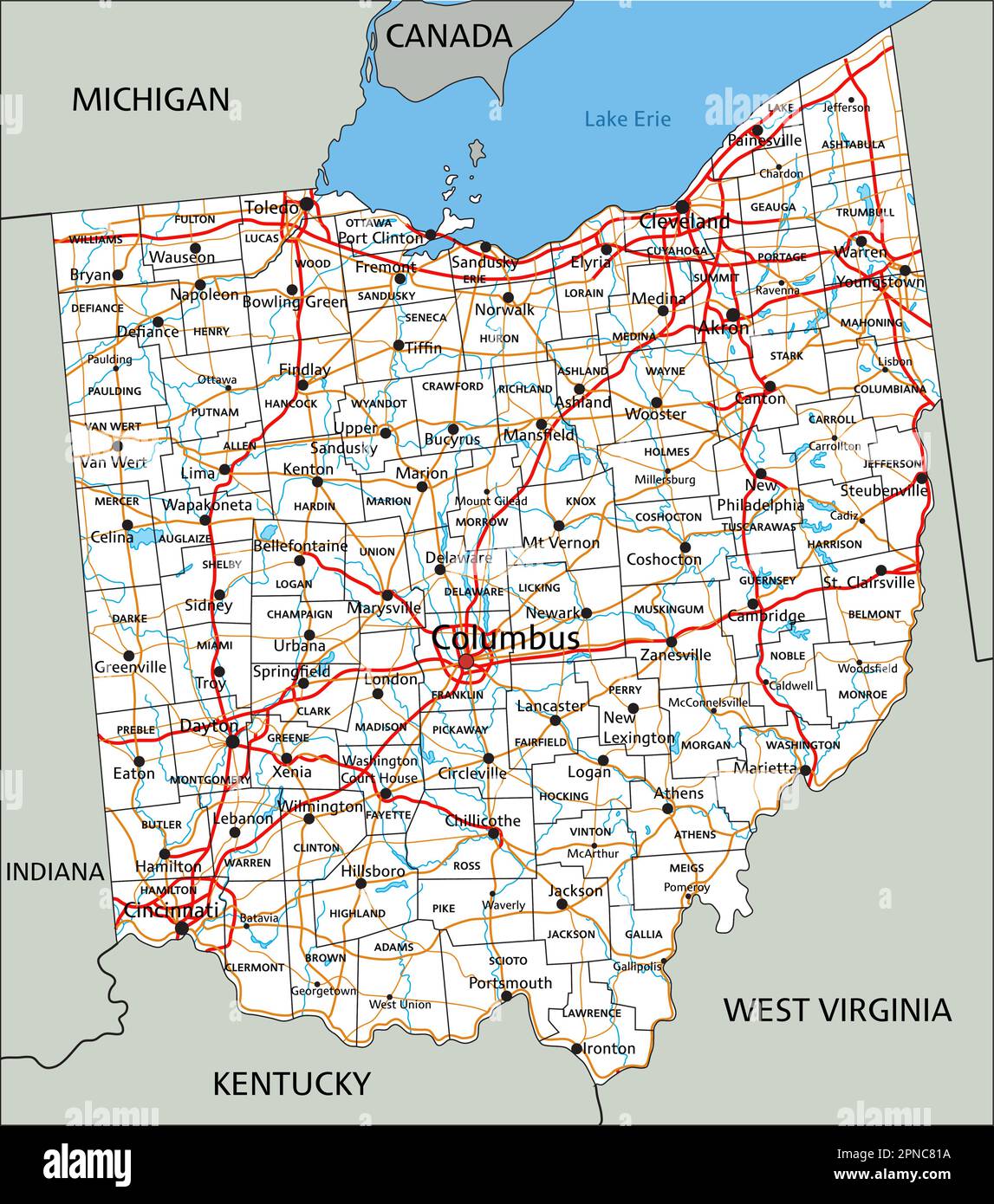 Detaillierte Straßenkarte von Ohio mit Beschriftung. Stock Vektor