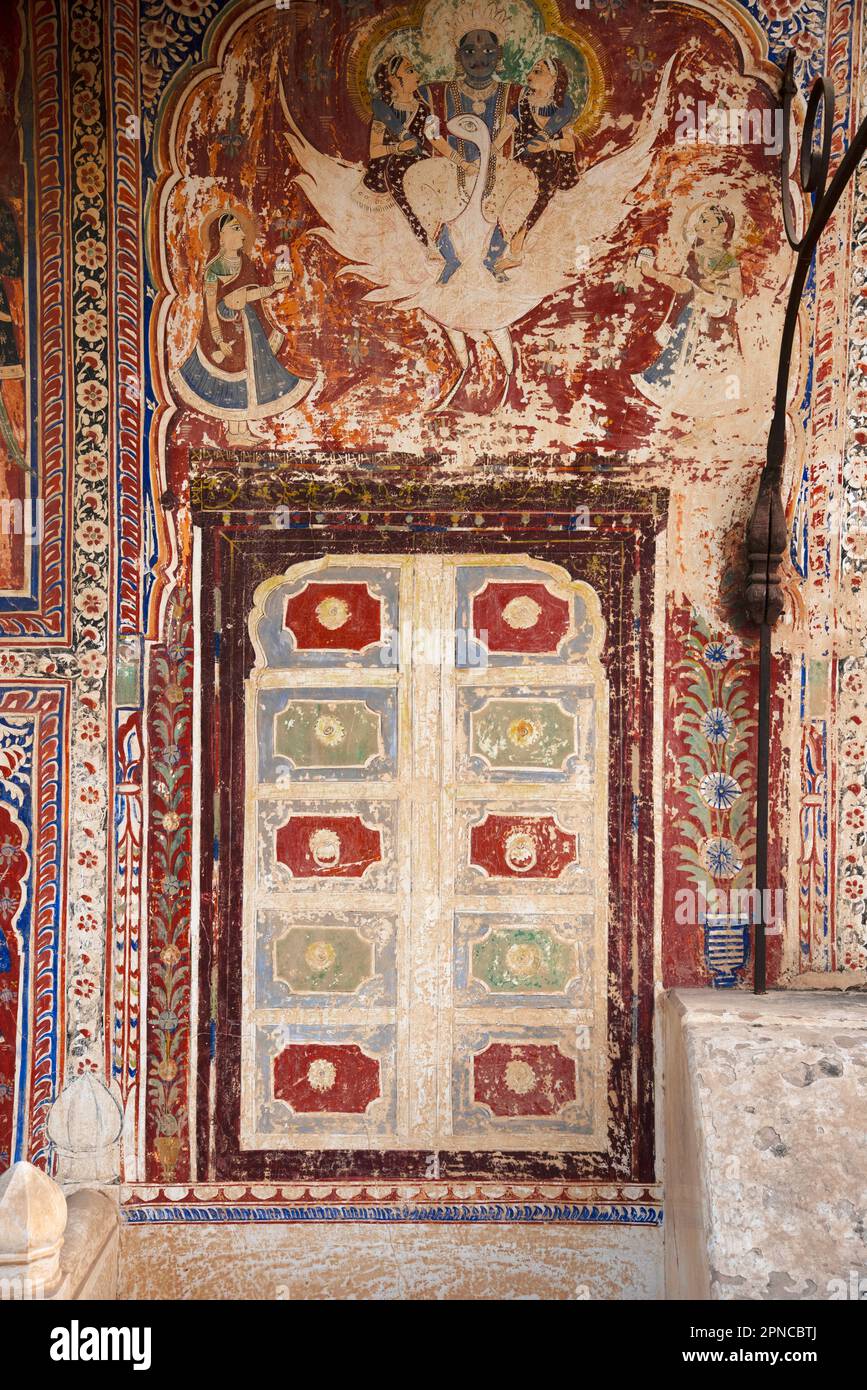 Kamal Morarka Haveli Museum in Shekhawati mit gemalten Wandmalereien in Nawalgarh, Rajasthan, Indien Stockfoto