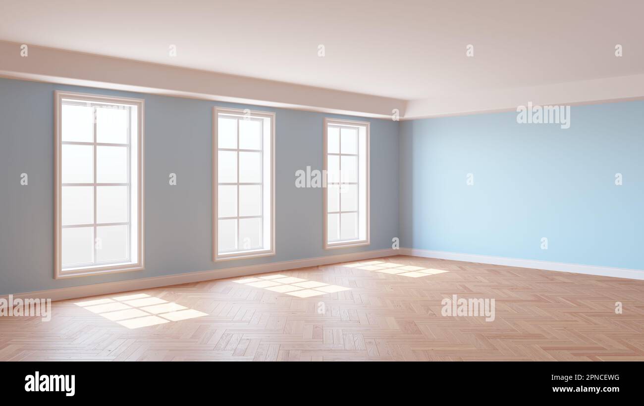 Sonniges Interieur mit hellblauen Wänden, drei großen Fenstern, weiße Decke und Zierleisten, glänzender Parkettfußboden mit Fischgrätmuster und weißem Sockel, Abbildung 3D. 8K Ultra HD, 7680x4320, 300 dpi Stockfoto