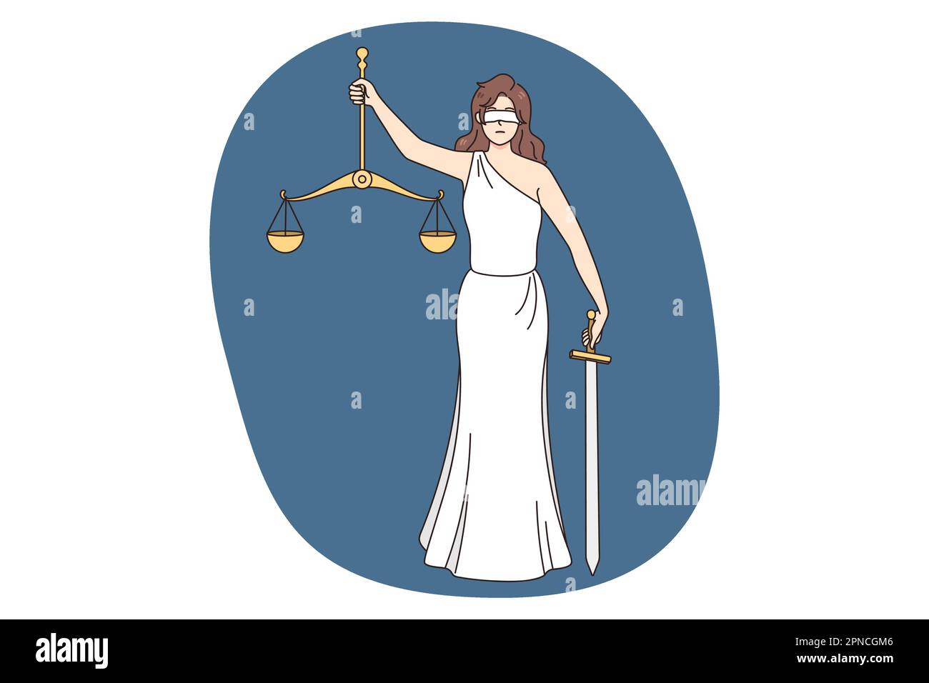 Lady Justice hält Waagen und Schwert und steht für Recht und Ordnung. Göttin Themis oder Femida mit einem Gewicht in den Händen. Gerichtsstand und Rechtsorgan Konzept. Vektorgrafik. Stock Vektor