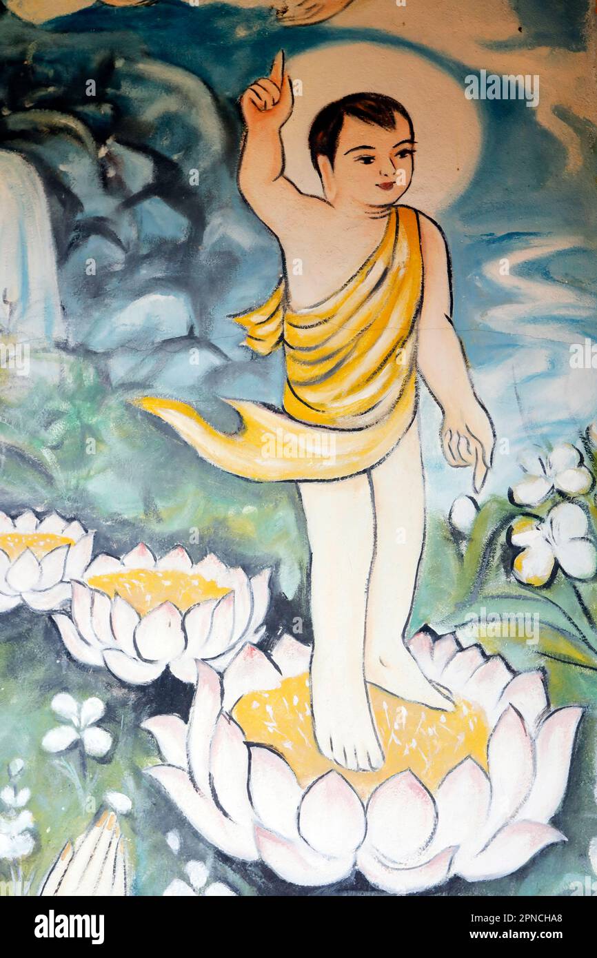 Rong Thanh Tempel. Das Leben Buddhas, Siddhartha Gautama. Die Geburt des Säuglings Siddhartha als Prinz, der nach Norden zeigte, ging sieben Schritte auf Lo Stockfoto