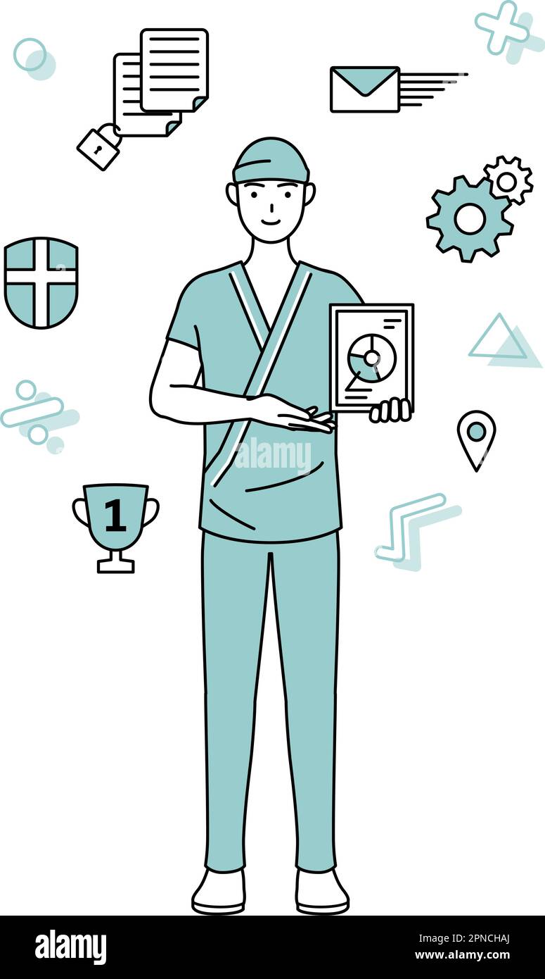 Bild von DX, Männlich aufnimmt Patient in Krankenhauskleid mit digitaler Technologie zur Verbesserung seines Geschäfts, Vector Illustration Stock Vektor