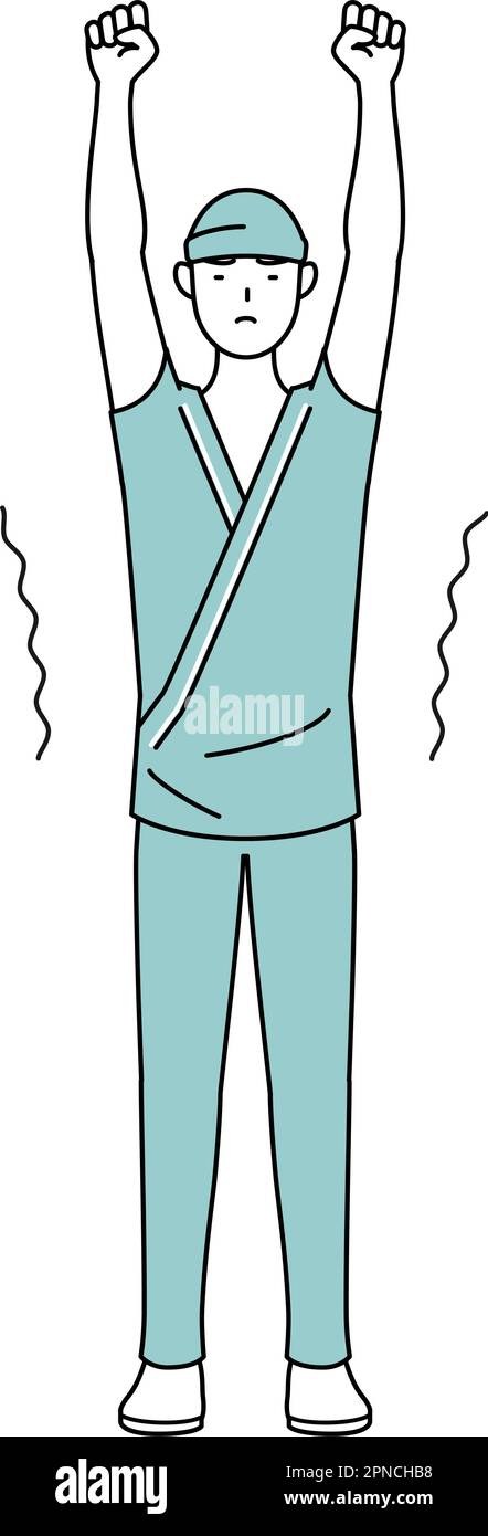 Männlicher aufgenommener Patient im Krankenhauskleid dehnend und stehend hoch, Vektor Illustration Stock Vektor