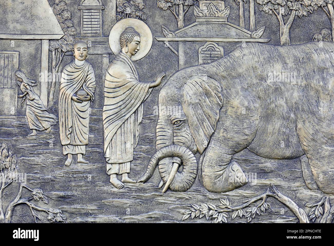 Tinh Xa Ngoc Chau Pagode. Das Leben Buddhas, Siddhartha Gautama. Einen Elefanten mit liebevoller Güte zähmen - Nalagiri war der Königliche Elefant. Chau Doc. Vi Stockfoto