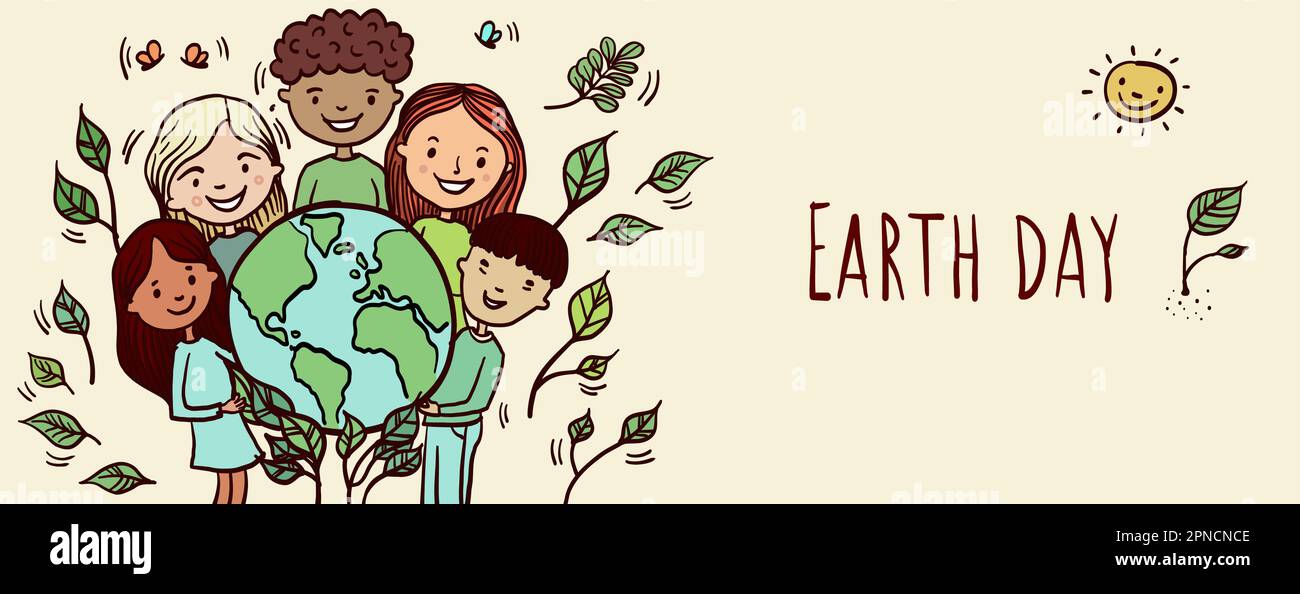 Happy Earth Day - handgezeichnetes Banner mit multiethnischen Kindern, das für den Earth Day kämpft. Farbige Vektordarstellung mit verschiedenen Jungen Stock Vektor