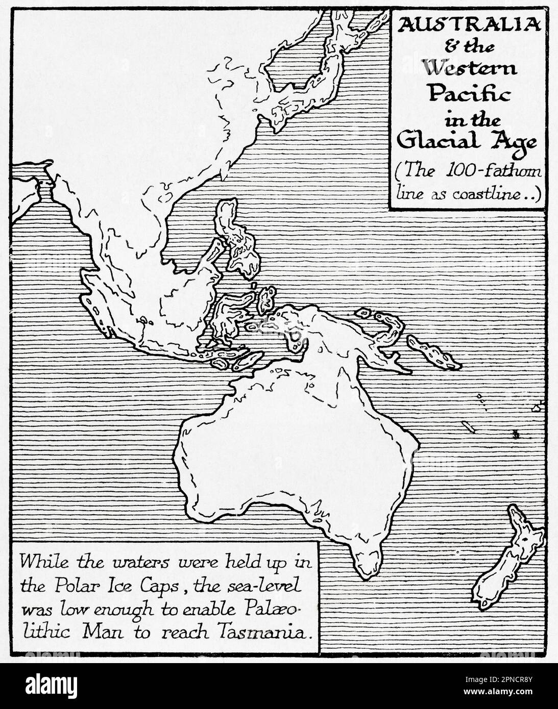 Karte von Australien und dem westlichen Pazifik in der Gletscherzeit. Während das Wasser in den Polar Ice Caps gehalten wurde, war der Meeresspiegel niedrig genug, um es dem Paläolithiker zu ermöglichen, Tasmanien zu erreichen. Aus dem Buch Outline of History von H.G. Wells, veröffentlicht 1920. Stockfoto