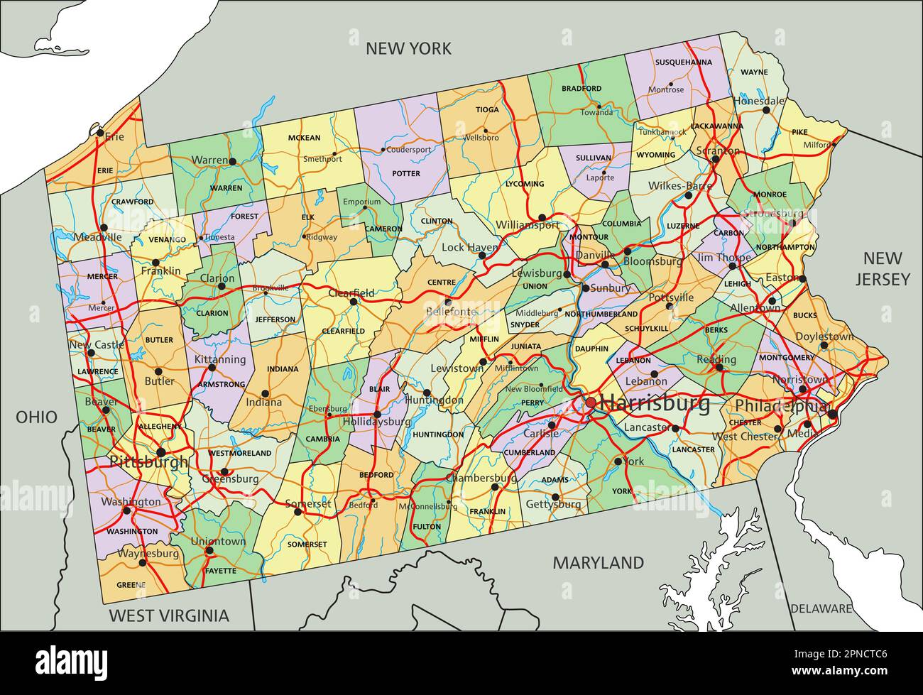 Pennsylvania sehr detaillierte, bearbeitbare politische Karte mit
