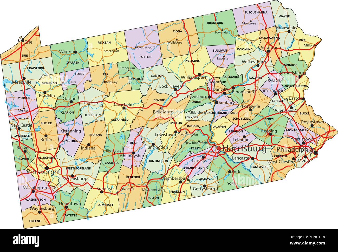 Pennsylvania - sehr detaillierte, bearbeitbare politische Karte mit Beschriftung. Stock Vektor