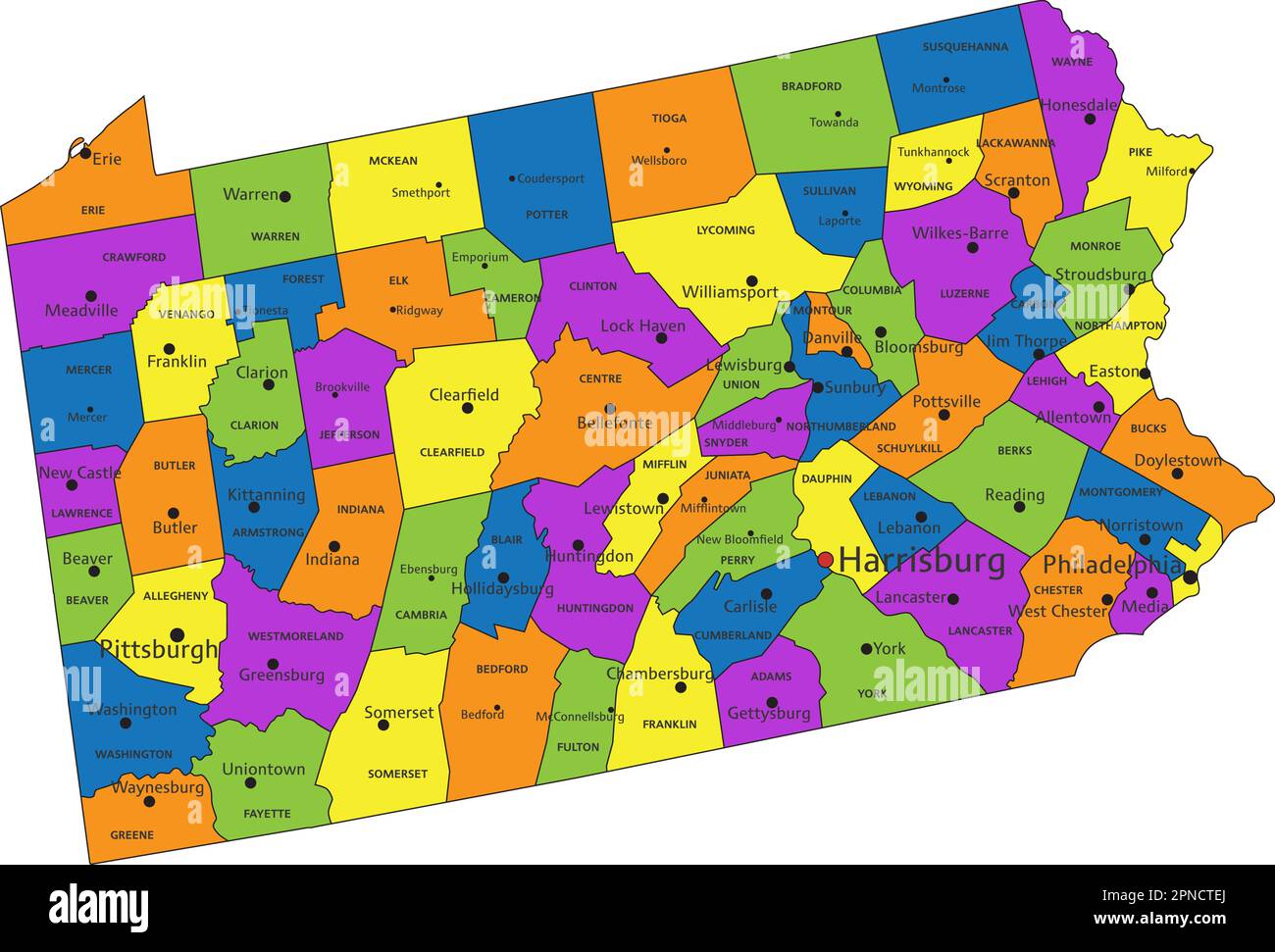 Farbenfrohe politische Karte von Pennsylvania mit klar gekennzeichneten, getrennten Schichten. Vektordarstellung. Stock Vektor