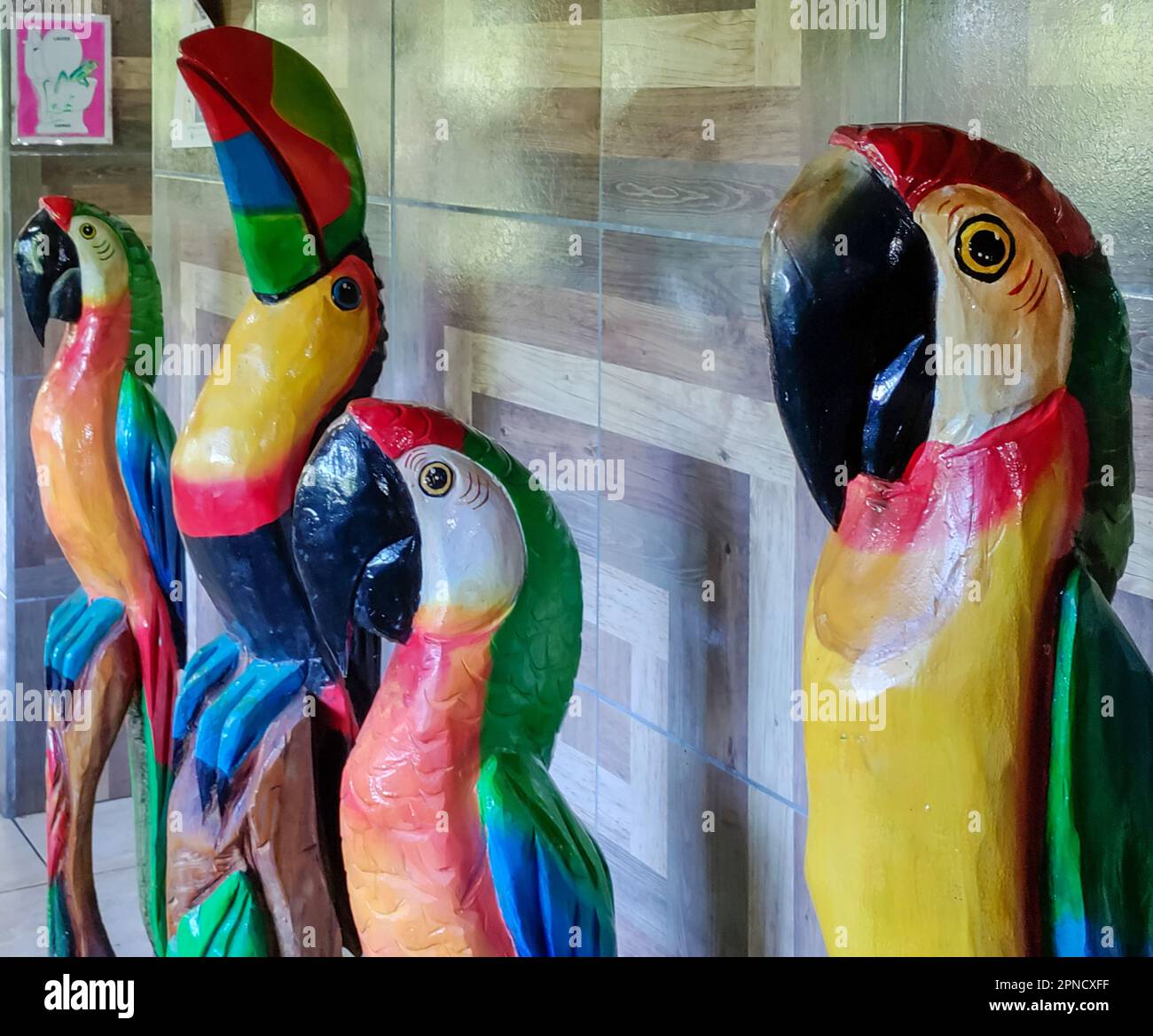 Muelle San Carlos, Costa Rica – in einem Souvenirladen werden bemalte Holzschnitzereien aus Aras und einem Tukan verkauft. Stockfoto