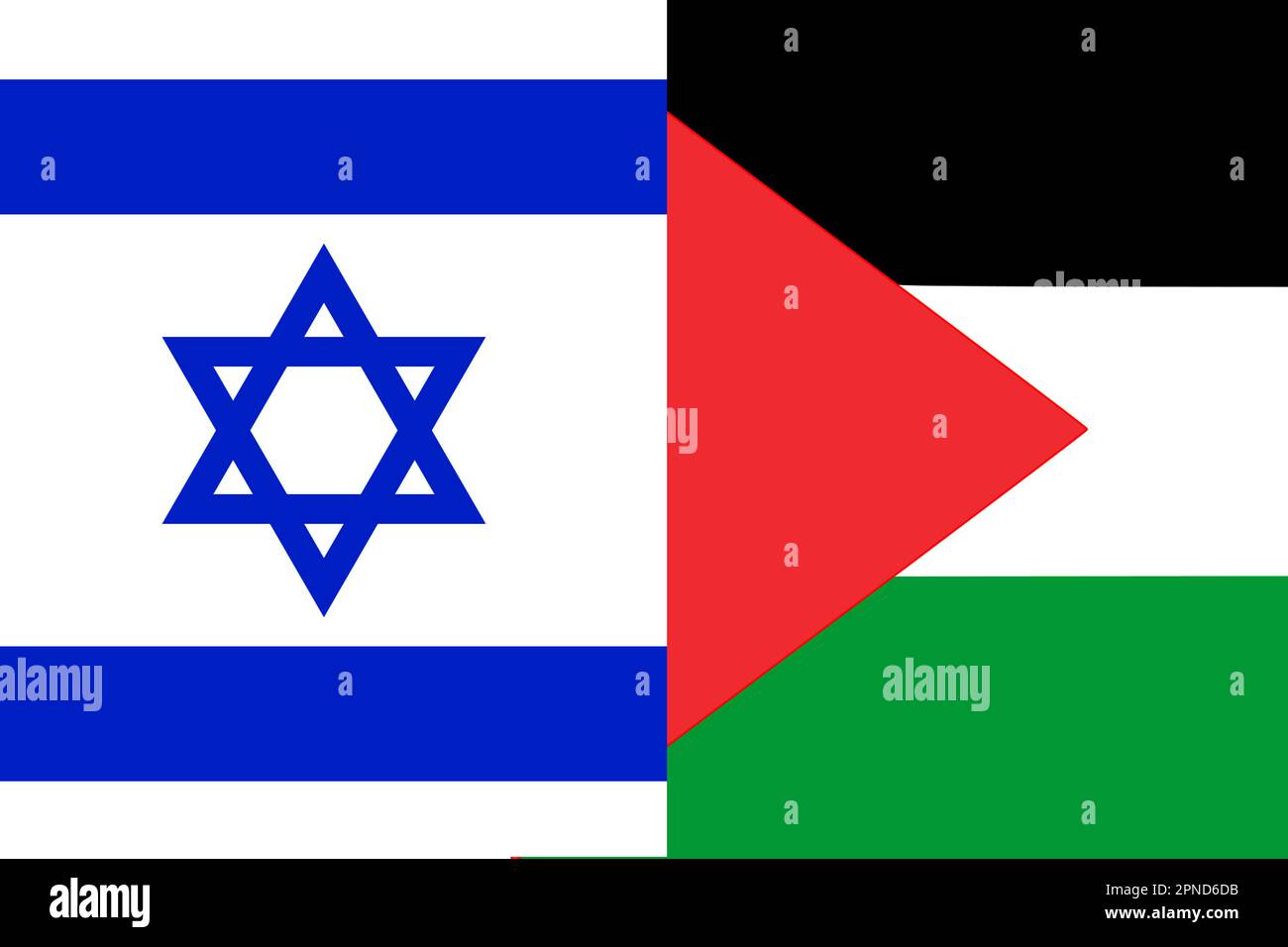 Krieg zwischen Israel und Palästina. Der Begriff der Kriegskrise und der politischen Konflikte zwischen Nationen. Flaggen. Unscharf. Stockfoto