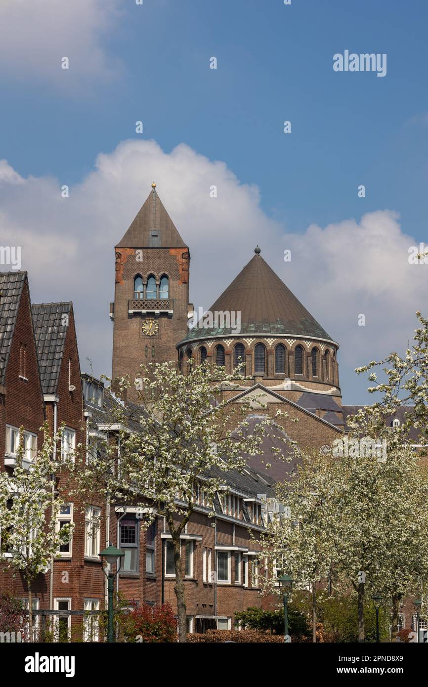 Die Jahrhunderte alte Stadt Hertogenbosch im Frühling mit blühenden Bäumen am Straßenrand und einer wunderschönen Kirche im Hintergrund, Provinz o Stockfoto