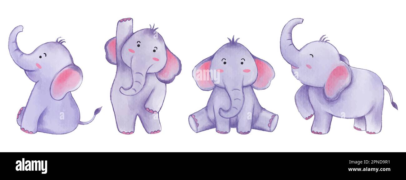 Elefant. Aquarelle Farbgestaltung. Ein Set süßer Tierkarikaturen. Vector . Stock Vektor