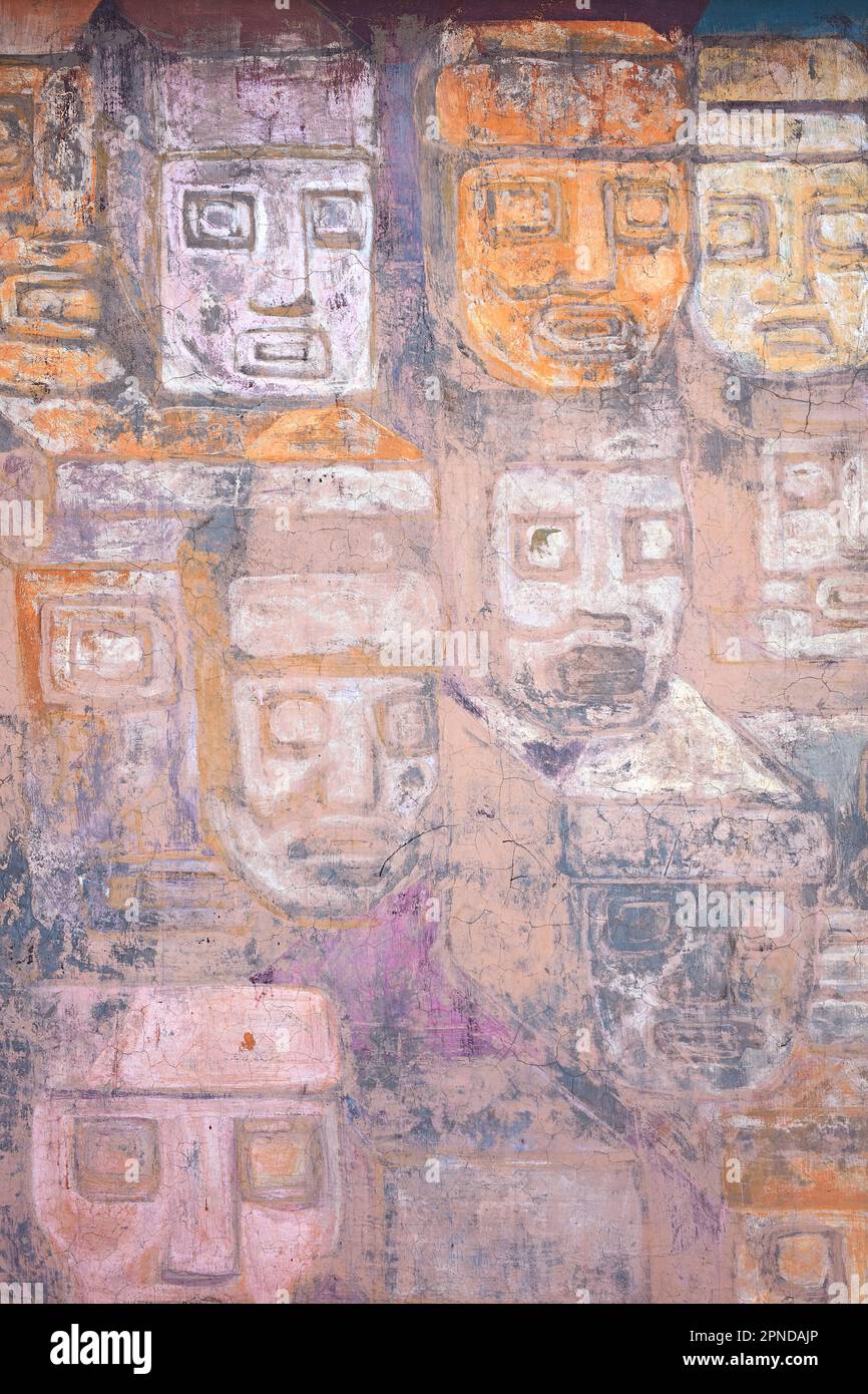 Wandkunst in der archäologischen Stätte von Tiwanaku, Provinz La Paz, Bolivien. Stockfoto