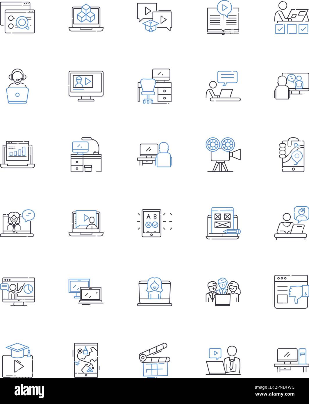 Symbolsammlung für virtuelle Ereigniszeilen. Remote, Digital, Online, Verbinden, Streamen, Teilnehmer, Interaktionsvektor und lineare Darstellung. Internet Stock Vektor