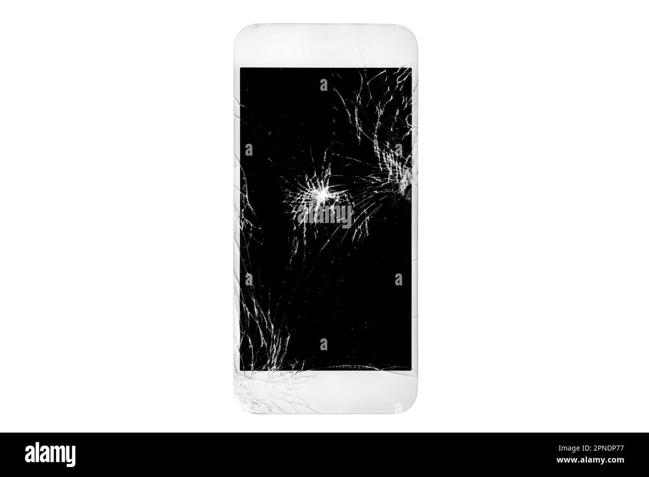 Defektes weißes Smartphone mit defektem Bildschirm auf weißem Hintergrund isoliert Stockfoto