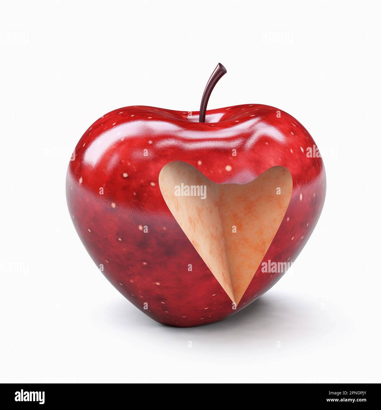 Roter Apfel mit ausgeschnittener herzförmiger Schale isoliert auf weißem Hintergrund Stockfoto