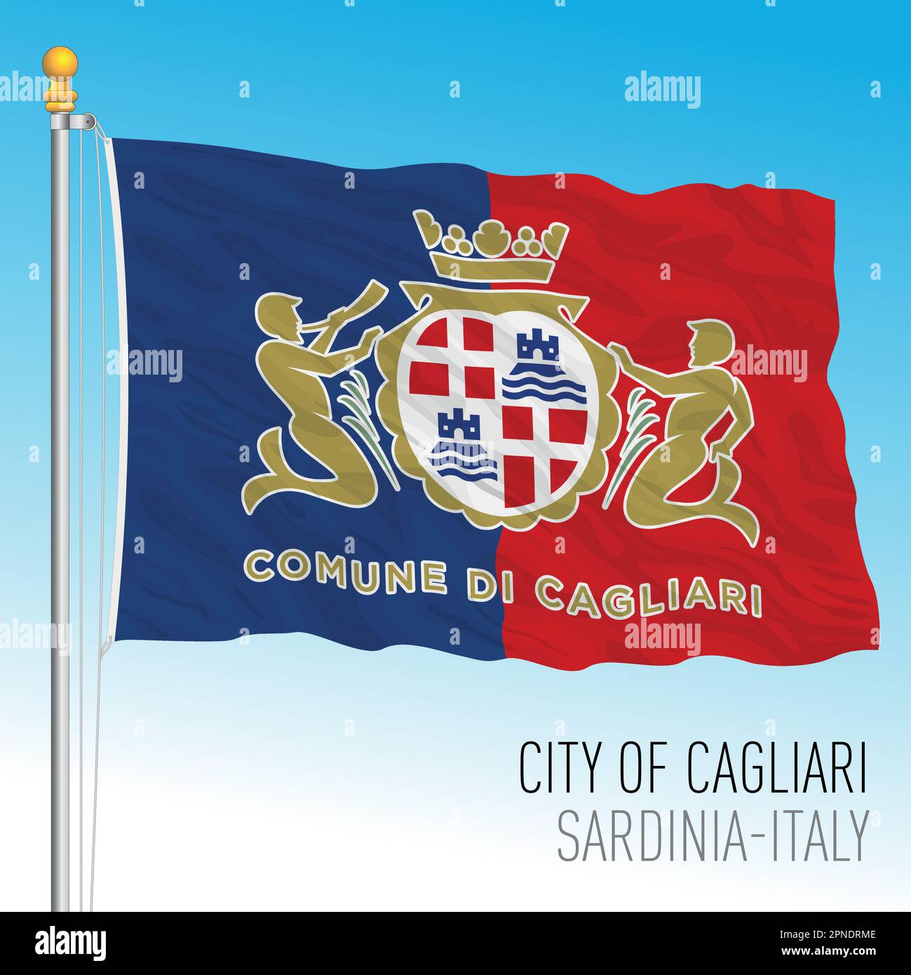 Die Flagge der Stadt Cagliari mit Wappen, Sardinien, Italien, Vektordarstellung Stock Vektor