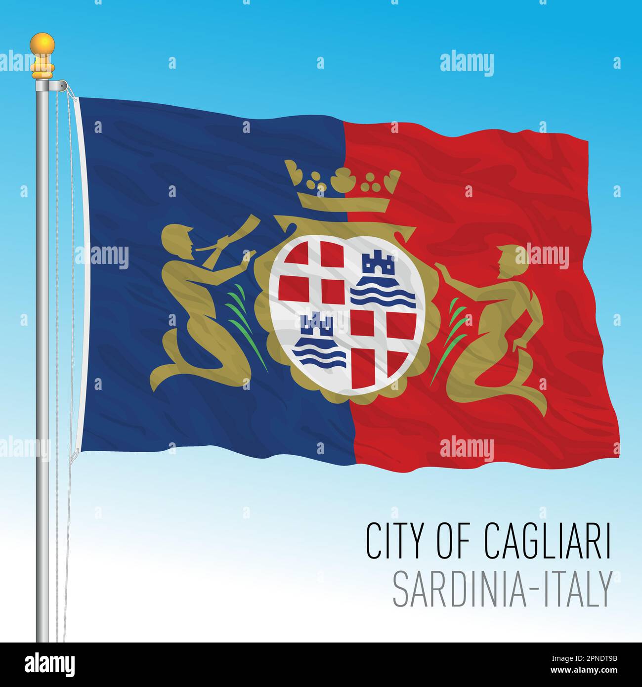 Die Flagge der Stadt Cagliari mit Wappen, Sardinien, Italien, Vektordarstellung Stock Vektor