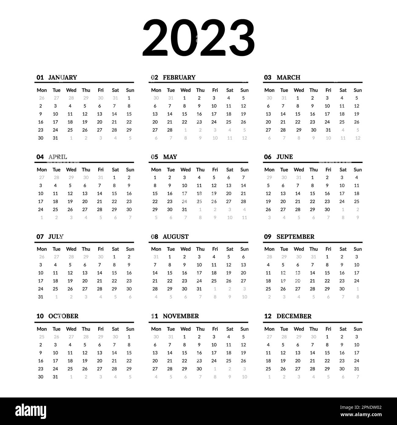 Kalender für 2023, Kalender 2023 Einfache und übersichtliche Designvorlage, 2023 Kalender, 2023 Kalendervorlage Stockfoto