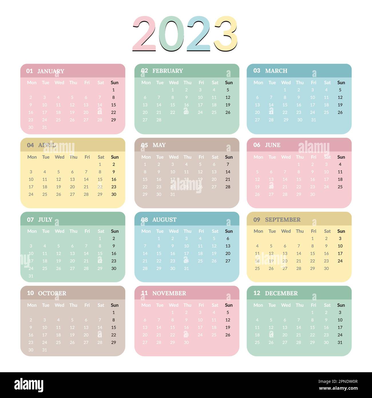 Kalender für 2023, Kalender 2023 Einfache und übersichtliche Designvorlage, 2023 Kalender, 2023 Kalendervorlage Stockfoto