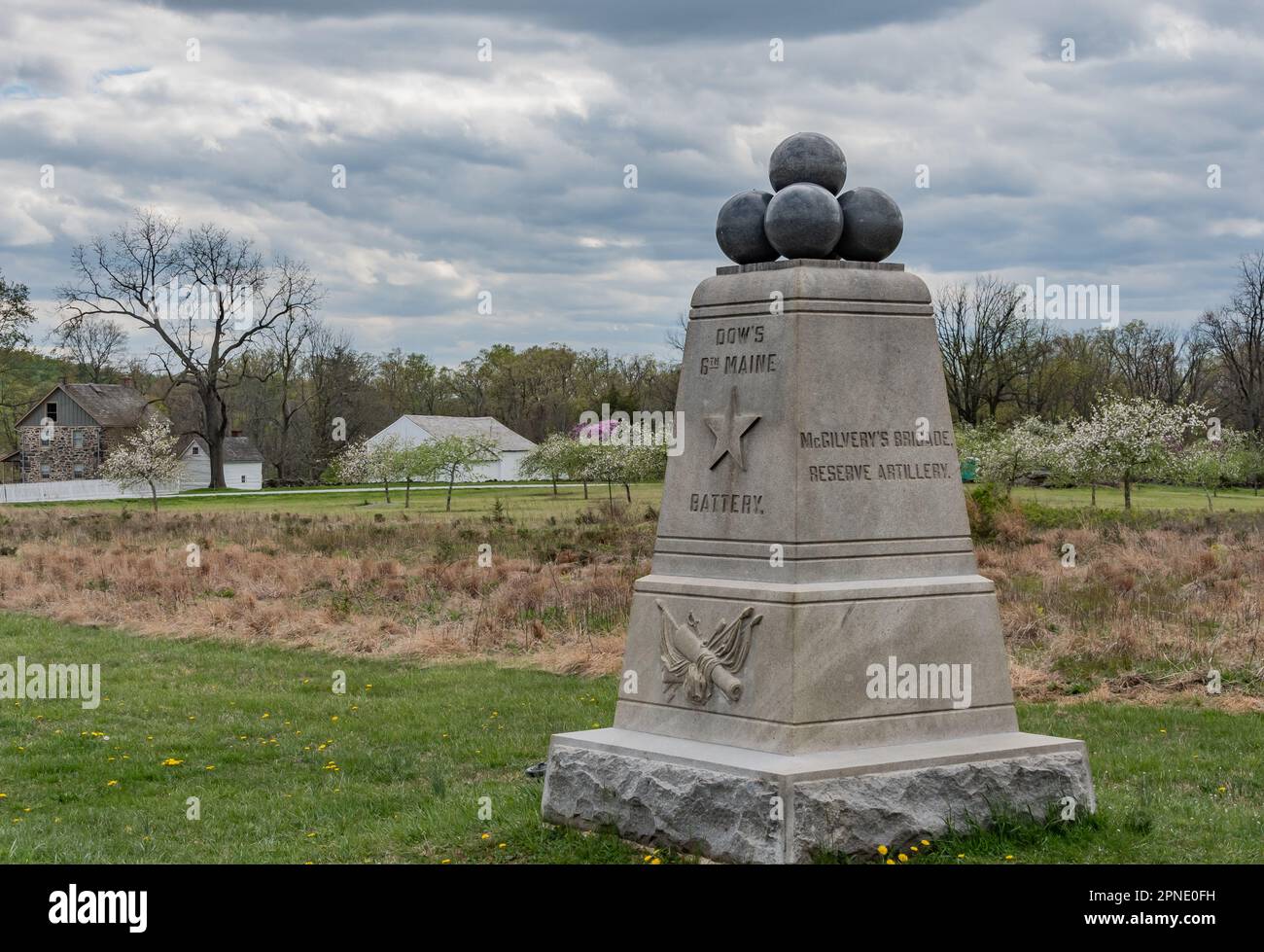 Monument to Dows 6. Maine Battery an einem Nachmittag im kalten Frühling, Gettysburg Pennsylvania USA, Gettysburg, Pennsylvania Stockfoto