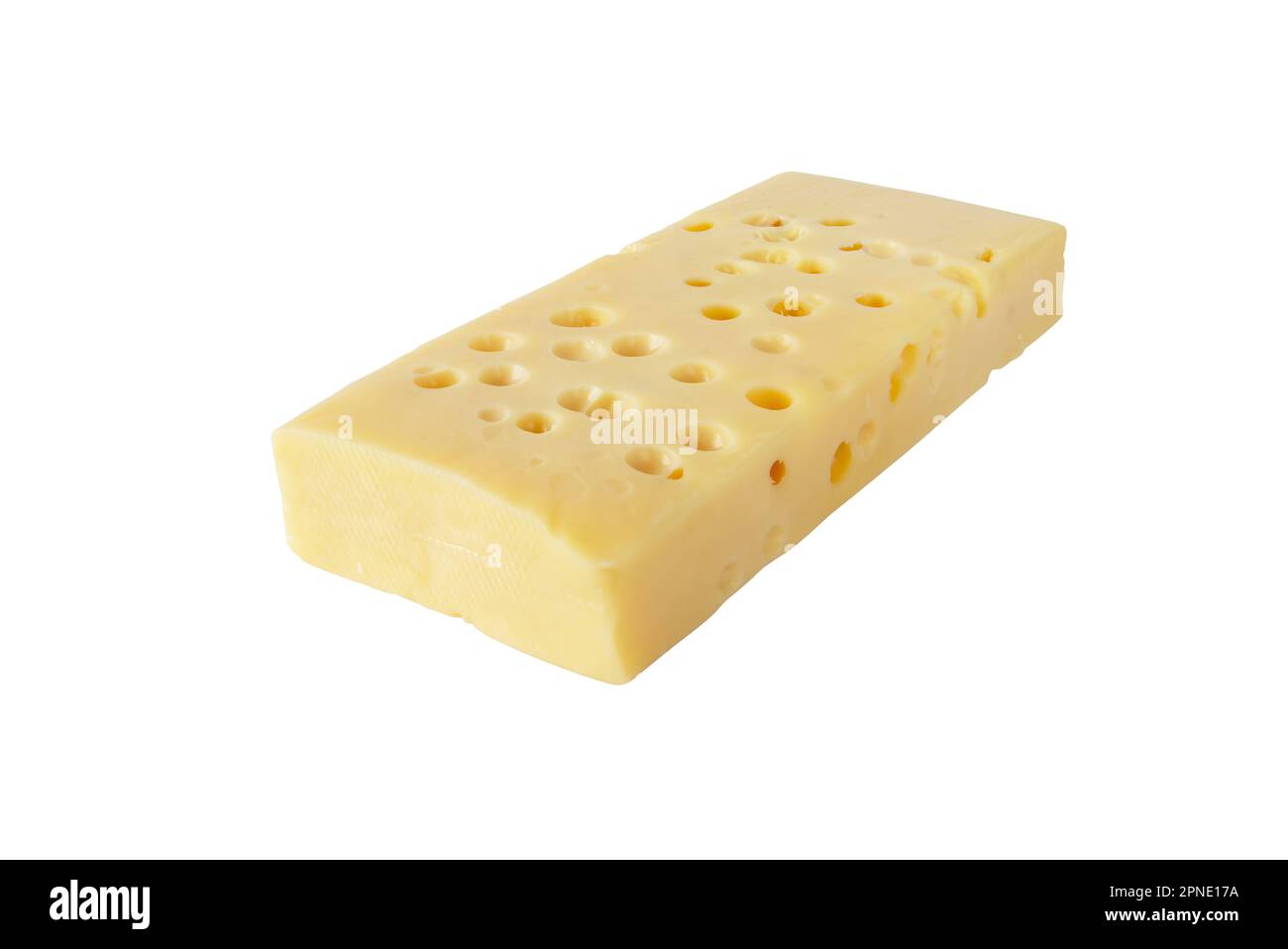 Emmentaler Käse, Schweizer Käse, isoliert auf Weiß. Gelbes Emmentalerstück mit Augen oder runden Löchern. Stockfoto