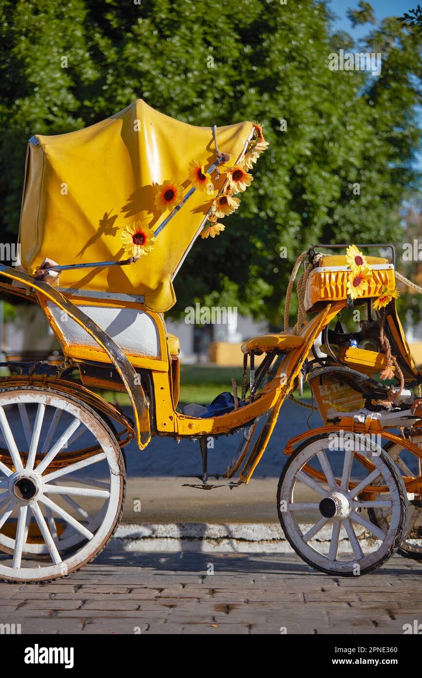 Eine gelb dekorierte Pferdekutsche auf dem Hauptplatz von Izamal, Yucatan, Mexiko. Stockfoto