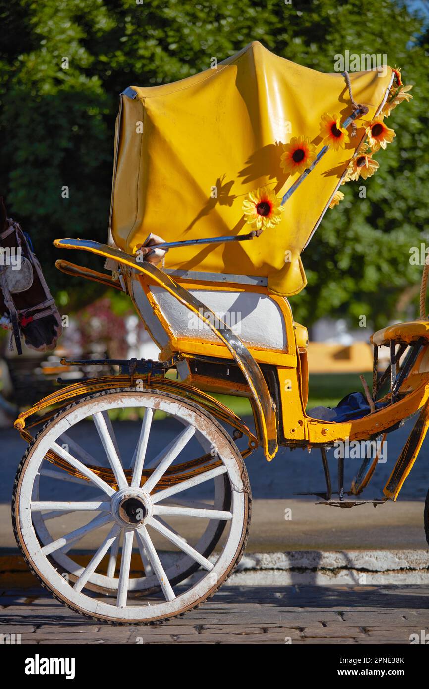 Eine gelb dekorierte Pferdekutsche auf dem Hauptplatz von Izamal, Yucatan, Mexiko. Stockfoto