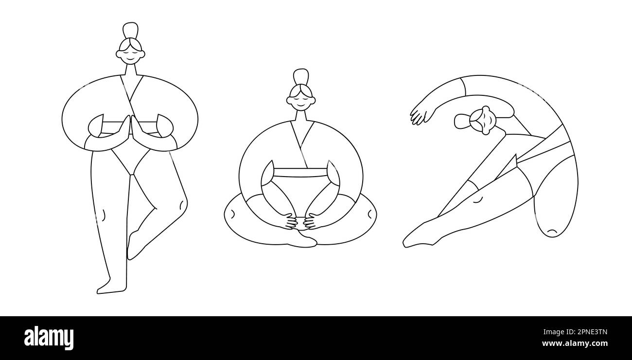 Yoga-Zeit. Yoga-Pose. Sport für Frauen, Fitness, Training in verschiedenen Posen, Stretching. Vektordarstellung Stock Vektor