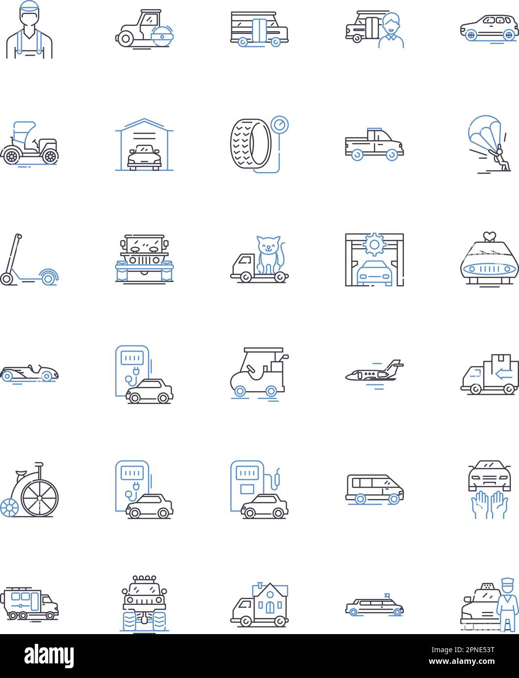 Symbolsammlung für die Zeile „Transitlösungen“. Verkehr, Pendelverkehr, Mobilität, Verkehr, Öffentlich, Masse, Busvektor und lineare Darstellung. Züge, Eisenbahnen Stock Vektor