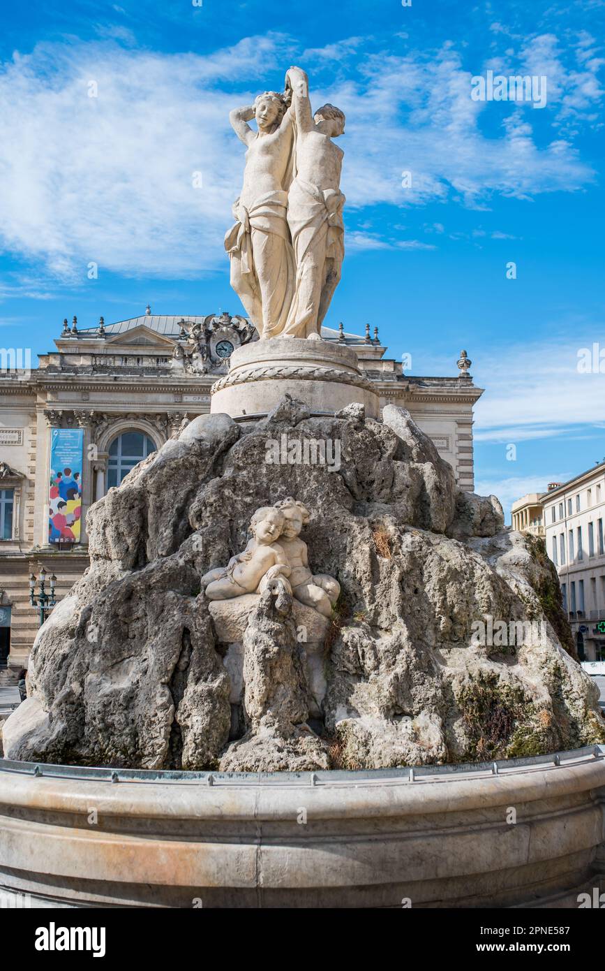 Brunnen der drei Grazen auf dem Comedy Square, Montpellier, Frankreich. Stockfoto