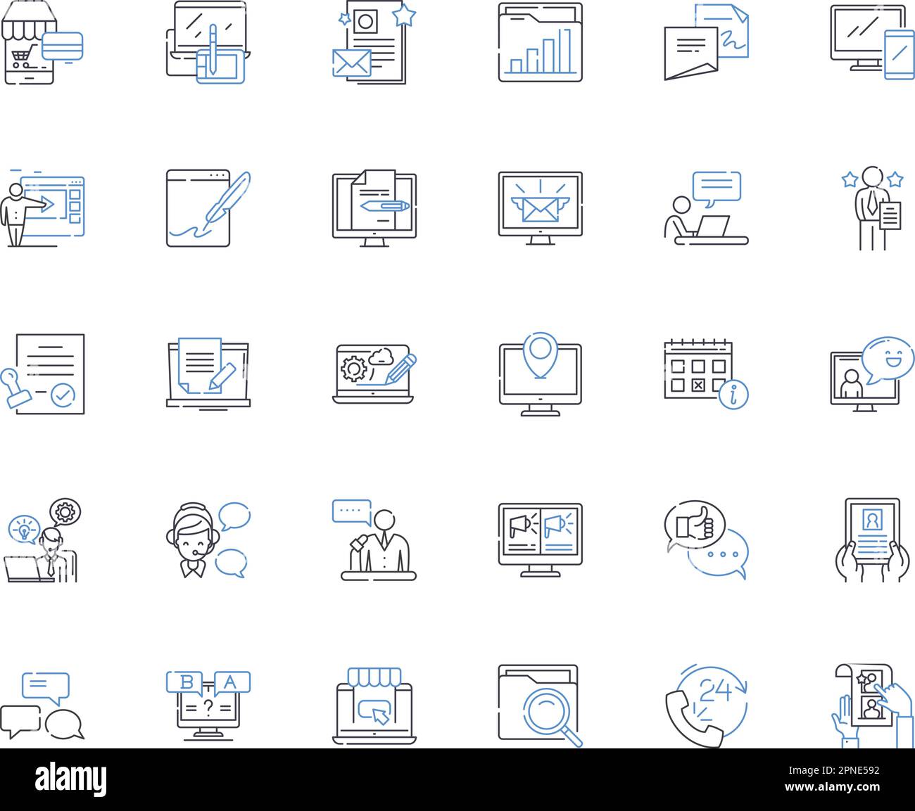 Symbolsammlung für mobile Marketinglinien. Targeting, SMS, App, Geolokation, Interaktion, Push, Analytics-Vektor und lineare Darstellung. QR-Code Stock Vektor