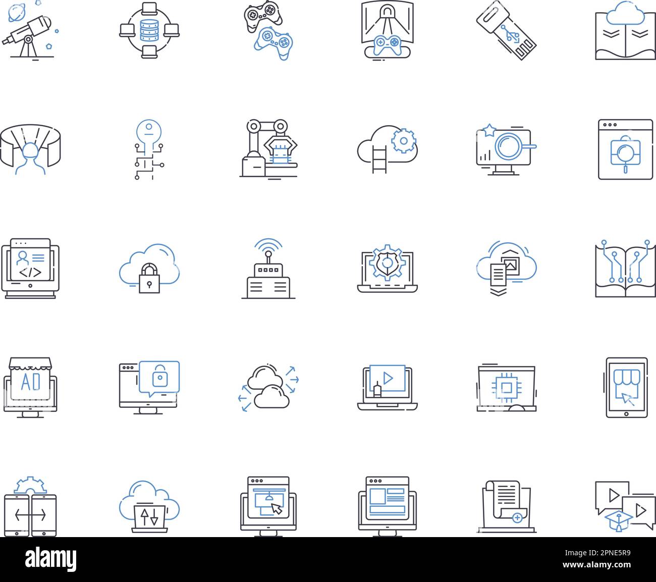 Symbolsammlung für Cyber-Appliances. Cybersicherheit, Schwachstellen, Verschlüsselung, Firewall, Malware, Antiviren, Vektor und lineare Darstellung Stock Vektor