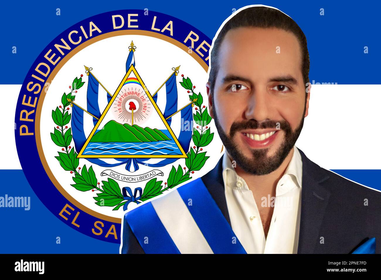 Nayib Bukele, Flagge El Salvadors und Logo des Vorsitzes Stockfoto